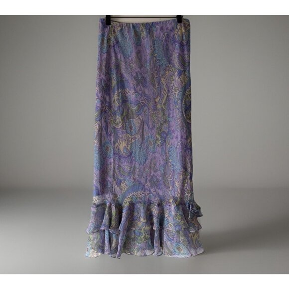 Y2K Ruffle Hem Maxi Skirt Purple Fuschia Pink Sz 14 Floral Paisley Peasant Boho - Picture 1 of 11